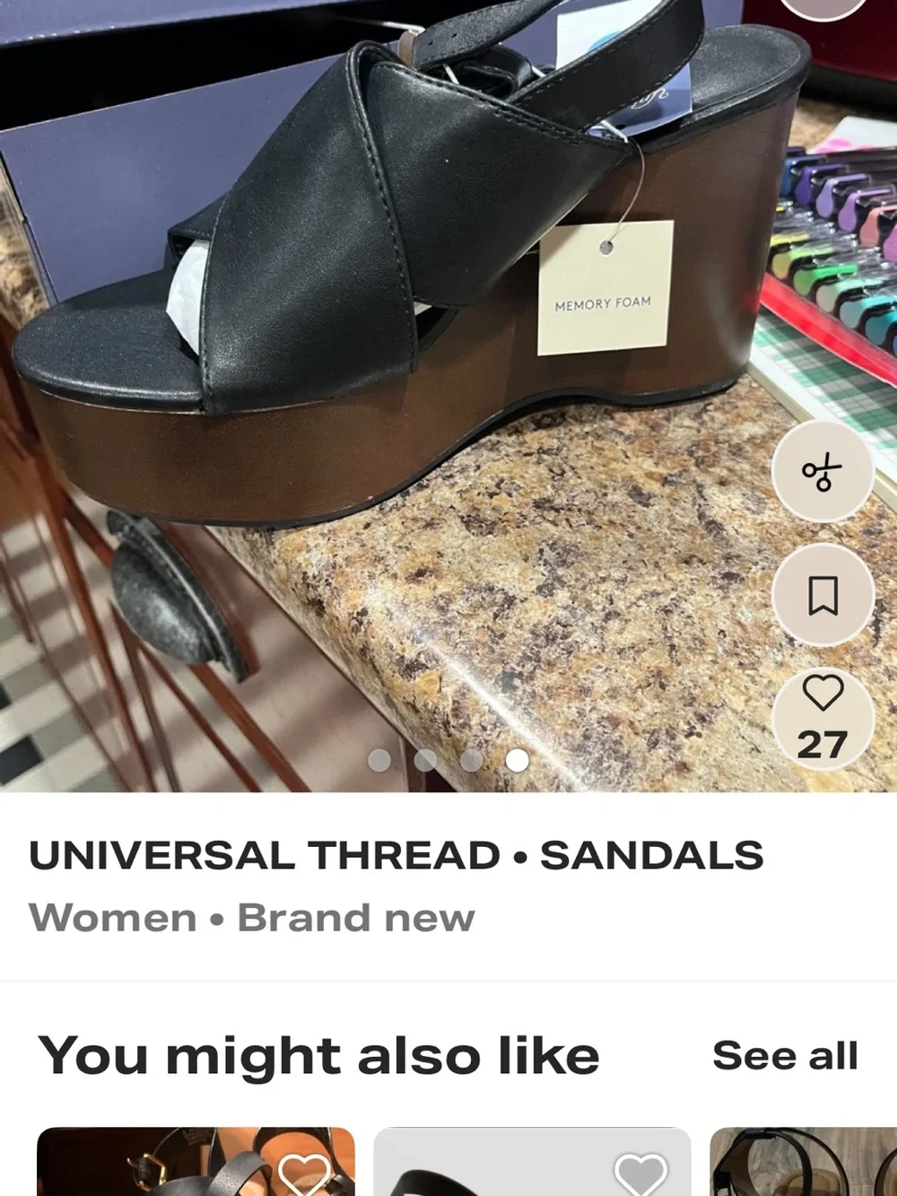 Black Platform Wedge Sandals with Brown Wood-Effect Sole